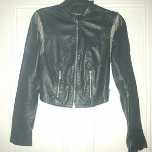 Black leather jacket with metal fringe detail